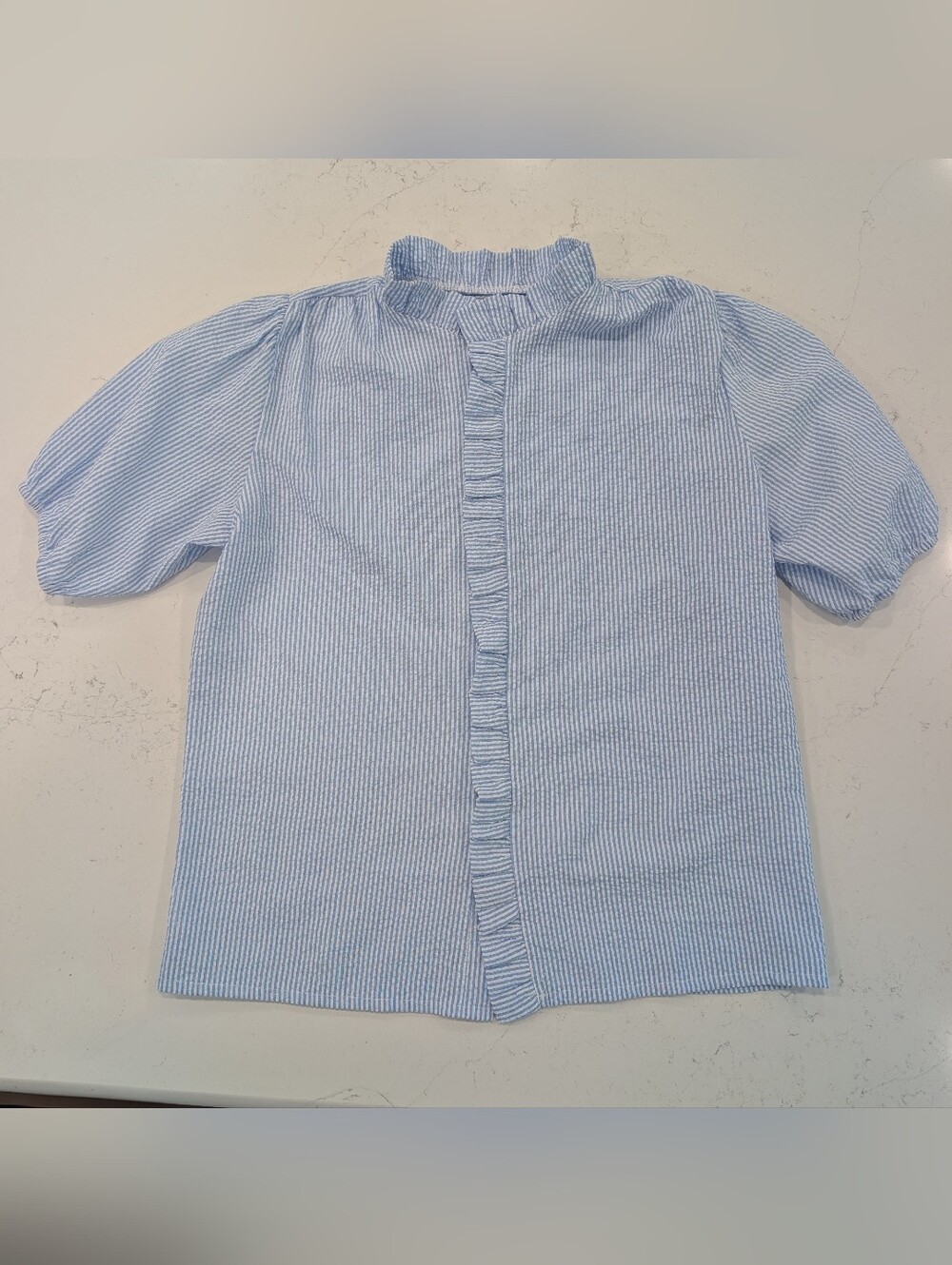 Light Blue Striped Ruffle-Front Seersucker Top